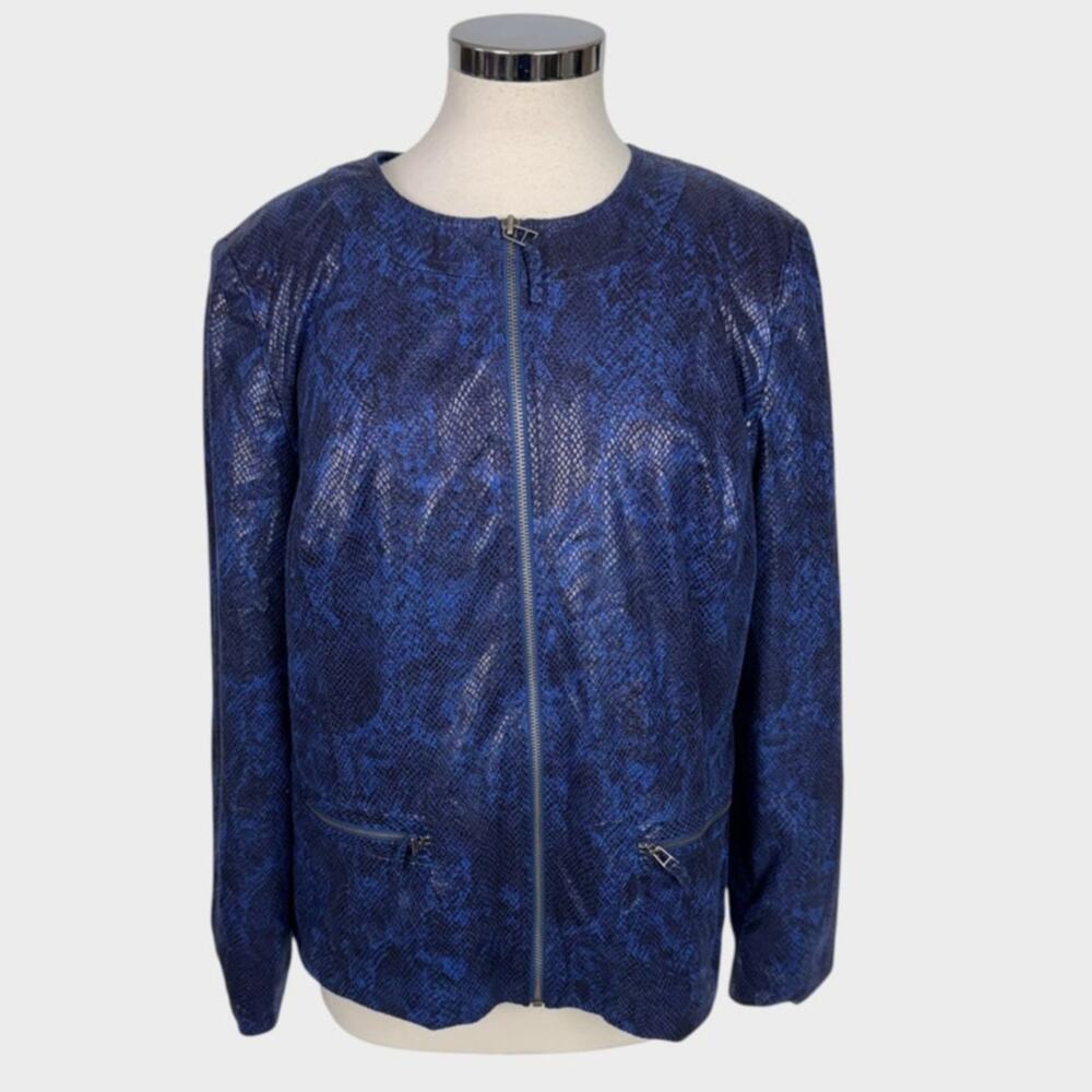 JM Collection Size 14 Blue Faux Snakeskin Print Full Zip Jacket Metallic Texture - Picture 2 of 9